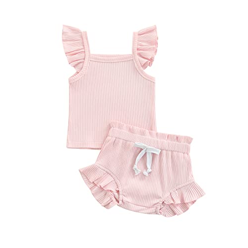 CIYCUIT Newborn Baby Girl Summer Clothes Ruffle Sleeveless Ribbed Top Bloomers Shorts Set Pink 0-3 Months