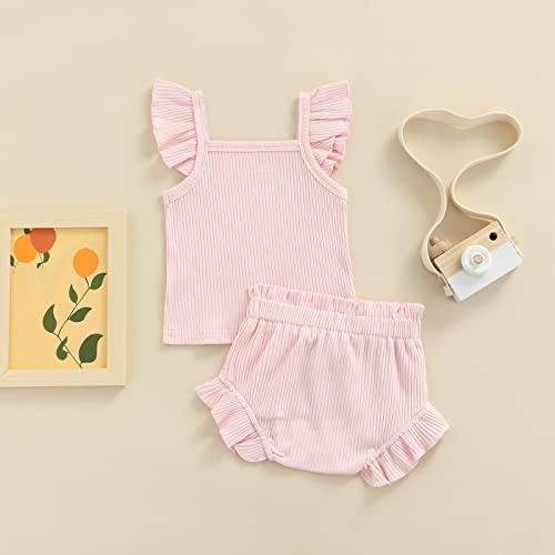 CIYCUIT Newborn Baby Girl Summer Clothes Ruffle Sleeveless Ribbed Top Bloomers Shorts Set Pink 0-3 Months