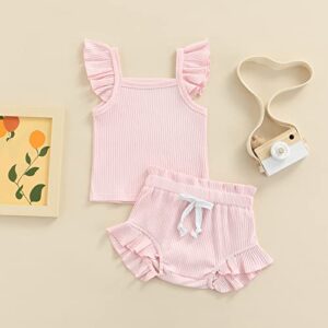 CIYCUIT Newborn Baby Girl Summer Clothes Ruffle Sleeveless Ribbed Top Bloomers Shorts Set Pink 0-3 Months