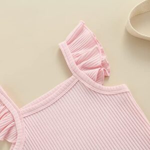 CIYCUIT Newborn Baby Girl Summer Clothes Ruffle Sleeveless Ribbed Top Bloomers Shorts Set Pink 0-3 Months