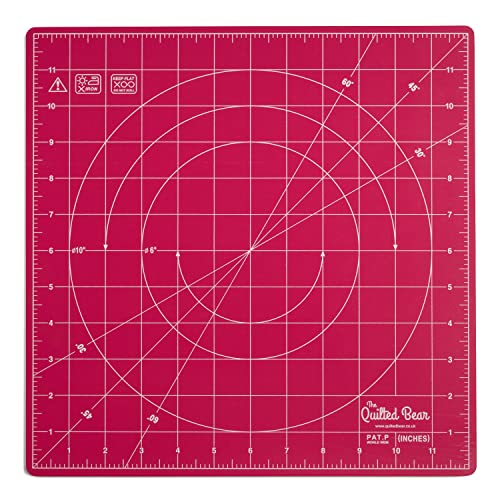 The Quilted Bear Rotating Cutting Mat 12" x 12" - Square Self Healing 360° Rotating Craft Cutting Mat with Innovative Locking Mechanism for Quilting & Sewing Your Choice of Colours Available! (Pink)