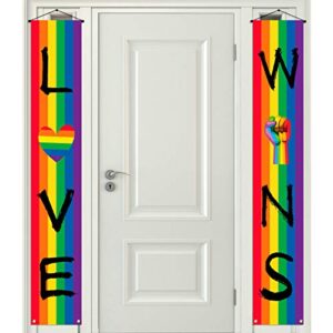 love wins pride day porch banner lgbt rainbow stripes heart gay lesbian front door wall sign party decoration