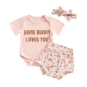 Easter Baby Girl Outfit - Some Bunny Loves You Short Sleeve Romper Bodysuit Carrot Short Baby Girl Easter Outfits (Pink# Bunny Love, 0-6 Months)