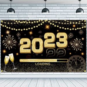 jkq 2023 happy new year backdrop banner 71 x 43 inch large size new year background banner 2023 loading new year holiday party decorations black gold 2023 new years eve party photo booth props