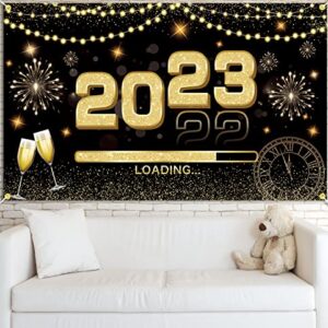 JKQ 2023 Happy New Year Backdrop Banner 71 x 43 Inch Large Size New Year Background Banner 2023 Loading New Year Holiday Party Decorations Black Gold 2023 New Years Eve Party Photo Booth Props