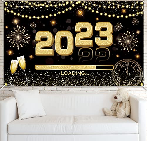 JKQ 2023 Happy New Year Backdrop Banner 71 x 43 Inch Large Size New Year Background Banner 2023 Loading New Year Holiday Party Decorations Black Gold 2023 New Years Eve Party Photo Booth Props