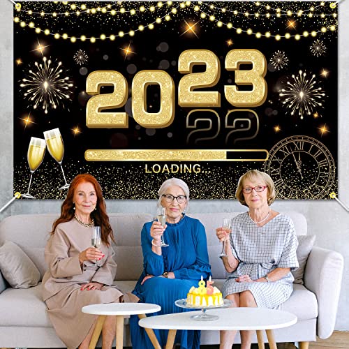 JKQ 2023 Happy New Year Backdrop Banner 71 x 43 Inch Large Size New Year Background Banner 2023 Loading New Year Holiday Party Decorations Black Gold 2023 New Years Eve Party Photo Booth Props