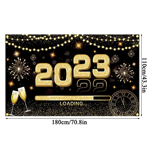 JKQ 2023 Happy New Year Backdrop Banner 71 x 43 Inch Large Size New Year Background Banner 2023 Loading New Year Holiday Party Decorations Black Gold 2023 New Years Eve Party Photo Booth Props