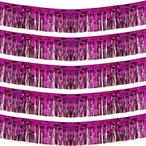 blukey 10 feet by 15 inch fuchsia foil fringe garland – pack of 5 | shiny metallic tinsel banner | ideal for parade floats, bachelorette, wedding, birthday, christmas | wall hanging drapes