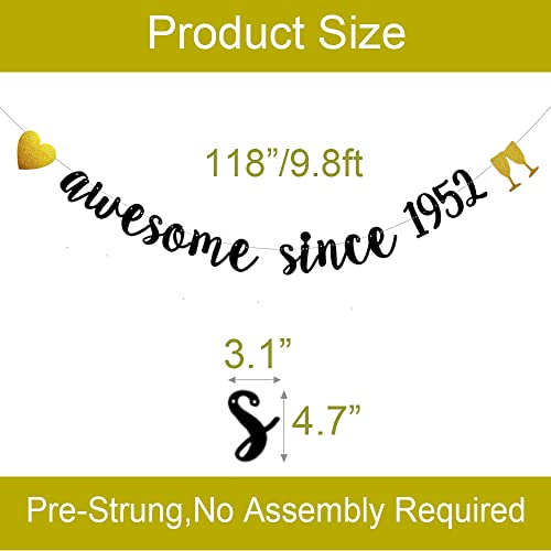 Awesome Since 1952 Banner, Pre-Strung,Black Glitter Paper Garlands for Girls women 71st Birthday Party Decorations Supplies, No Assembly Required,Black,SUNbetterland