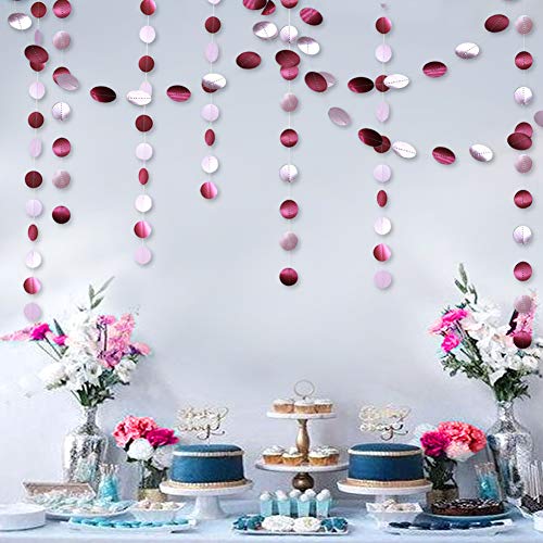 Matt Pink Burgundy Circle Dots Garland Wedding Party Decoration Dot Hanging Streamer Decor Backdrop Banner for She Girl Women Birthday/Bday Engagement Bridal/Baby Shower Mother's Day Valentine