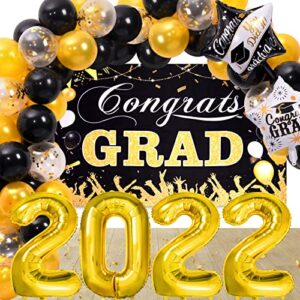 MOMOHOO Graduation Party Decorations 2022 - 47Pcs Class of 2022 Graduation Decorations, Graduation Congrats Grad Backdrop Banner/2022 Balloon/Black and Gold Confetti Balloon, Graduation Party Supplies