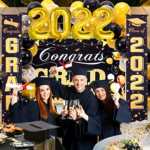 MOMOHOO Graduation Party Decorations 2022 - 47Pcs Class of 2022 Graduation Decorations, Graduation Congrats Grad Backdrop Banner/2022 Balloon/Black and Gold Confetti Balloon, Graduation Party Supplies