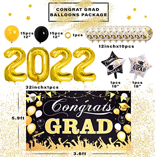 MOMOHOO Graduation Party Decorations 2022 - 47Pcs Class of 2022 Graduation Decorations, Graduation Congrats Grad Backdrop Banner/2022 Balloon/Black and Gold Confetti Balloon, Graduation Party Supplies