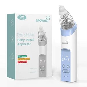 grownsy nasal aspirator for baby, electric nose aspirator for toddler, baby nose sucker, automatic nose cleaner with 3 silicone tips, adjustable suctions, music and light soothing function (blue)