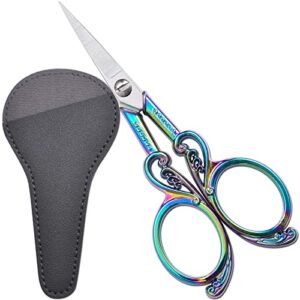 hitopty embroidery scissors, 4.5in sharp precision craft scissor with sheath, small rainbow vintage shears for sewing, arts, needlework, cross stitch, thread yarn fabric detail cutting diy tools