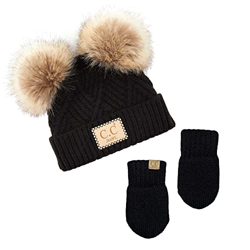 Infant Double Pom Beanie and Mittens Set - Diagonal Basketweave - Black