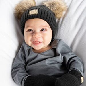 Infant Double Pom Beanie and Mittens Set - Diagonal Basketweave - Black