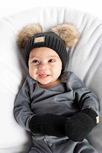 Infant Double Pom Beanie and Mittens Set - Diagonal Basketweave - Black