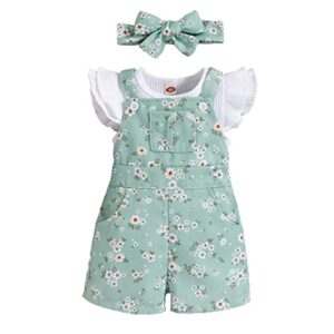 tmcssyie baby girlsr cute floral pattern outfit sets sleeveless tops suspender shorts + bow headband 2pcs summer jumpsuit