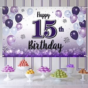 laskyer happy 15th birthday purple large banner – cheers to fifteen years old birthday home wall photoprop backdrop,15th birthday party decorations.
