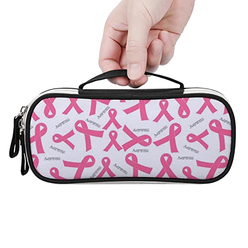 Pink Ribbon Breast Cancer PU Leather Pen Pencil Bag Organizer Portable Makeup Carry Case Storage Handbag