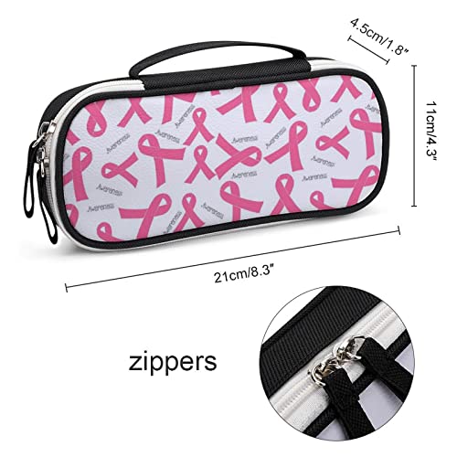 Pink Ribbon Breast Cancer PU Leather Pen Pencil Bag Organizer Portable Makeup Carry Case Storage Handbag