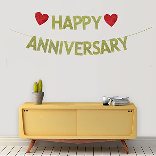 TENNYCHAOR Happy Anniversary Banner,Gold Glitter Heart Paper Sign Perfect for Wedding Anniversary Party Decorations.