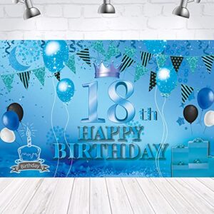 happy 18th birthday backdrop banner blue 18th sign poster 18 birthday party supplies for anniversary photo booth photography background birthday party decorations, 72.8 x 43.3 inch