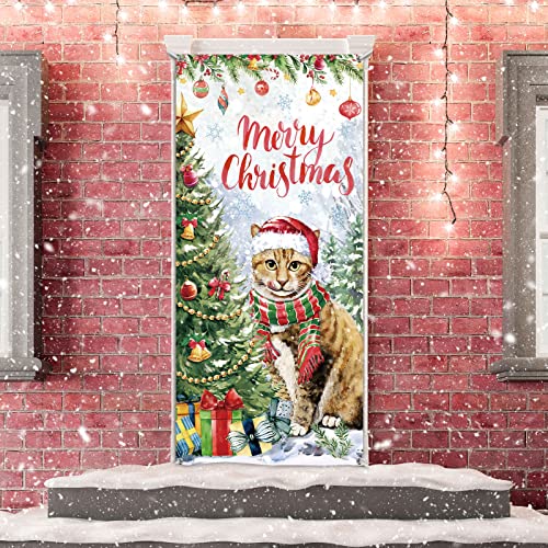 Tiamon Christmas Door Cover Christmas Cat Door Cover Decoration Xmas Cute Cat Snowflake Door Cover Banner for Winter Holiday Party Supplies, 70.9 x 35.4 Inches