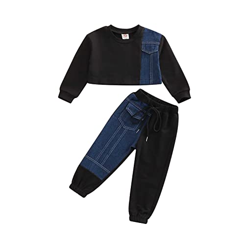 WALLARENEAR 2PCS Unisex Baby Long Sleeve Denim Patchwork Sweatshirt Crop Tops + Drawstring Jeans Sportswear Sets (Black Blue , 4-5 Years )