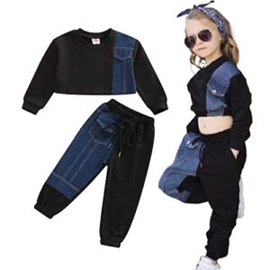 wallarenear 2pcs unisex baby long sleeve denim patchwork sweatshirt crop tops + drawstring jeans sportswear sets (black blue , 4-5 years )