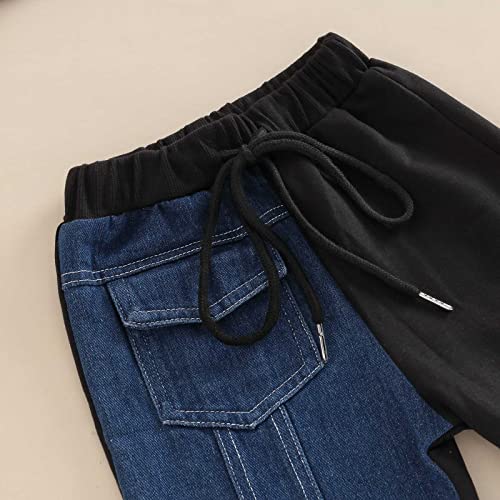 WALLARENEAR 2PCS Unisex Baby Long Sleeve Denim Patchwork Sweatshirt Crop Tops + Drawstring Jeans Sportswear Sets (Black Blue , 4-5 Years )