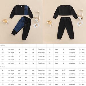 WALLARENEAR 2PCS Unisex Baby Long Sleeve Denim Patchwork Sweatshirt Crop Tops + Drawstring Jeans Sportswear Sets (Black Blue , 4-5 Years )