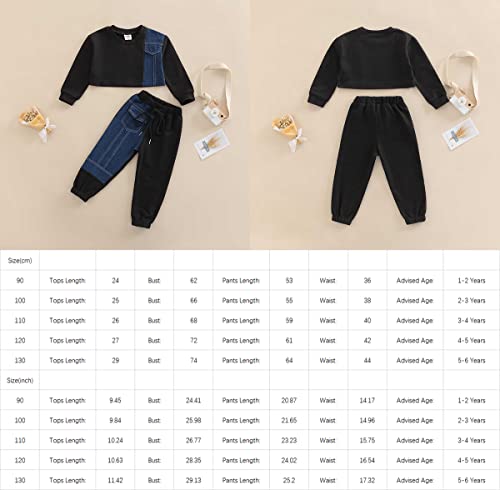 WALLARENEAR 2PCS Unisex Baby Long Sleeve Denim Patchwork Sweatshirt Crop Tops + Drawstring Jeans Sportswear Sets (Black Blue , 4-5 Years )