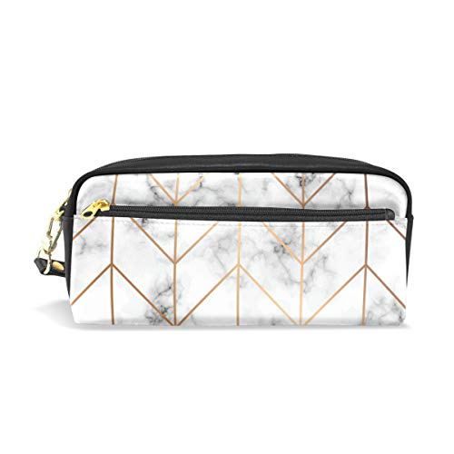 ALAZA Cute Pencil Case White Marble Gold Geomertric Line Pen Cases Organizer PU Leather Comestic Makeup Bag Make up Pouch