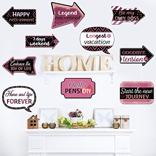 Retirement Party Decorations Happy Retirement Banner Hanging Decorations Retirement Theme Yard Sign Pink Retirement Decorations for Women, 10 Pieces Hanging Cards Decorating Kit