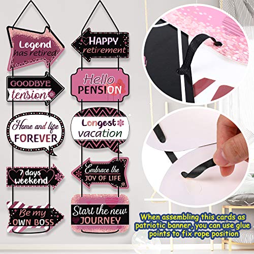 Retirement Party Decorations Happy Retirement Banner Hanging Decorations Retirement Theme Yard Sign Pink Retirement Decorations for Women, 10 Pieces Hanging Cards Decorating Kit