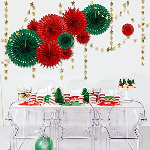 Decor365 Red Green Christmas Party Decoration Kit Hanging Decor Tissue Paper Fan Pompom Gold Star Garland Streamer Backdrop Background for Xmas Birthday Wedding Baby Shower