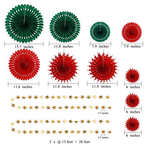 Decor365 Red Green Christmas Party Decoration Kit Hanging Decor Tissue Paper Fan Pompom Gold Star Garland Streamer Backdrop Background for Xmas Birthday Wedding Baby Shower