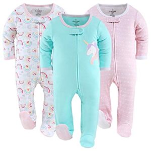 the peanutshell footed baby sleepers for girls, unicorn & rainbow 3 pack set (9m) pink