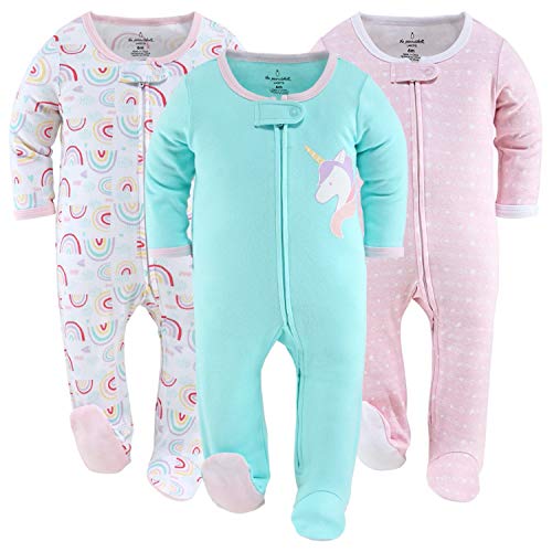 The Peanutshell Footed Baby Sleepers for Girls, Unicorn & Rainbow 3 Pack Set (9M) Pink