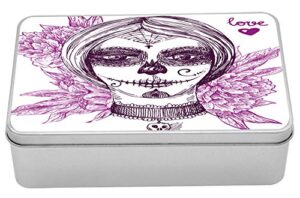 ambesonne day of the dead metal box, illustration gothic vampire like face skull flowers image, multi-purpose rectangular tin box container with lid, 7.2″ x 4.7″ x 2.2″, violet purple