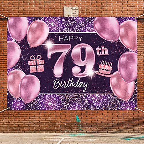 PAKBOOM Happy 79th Birthday Banner Backdrop - 79 Birthday Party Decorations Supplies for Women - Pink Purple Gold 4 x 6ft