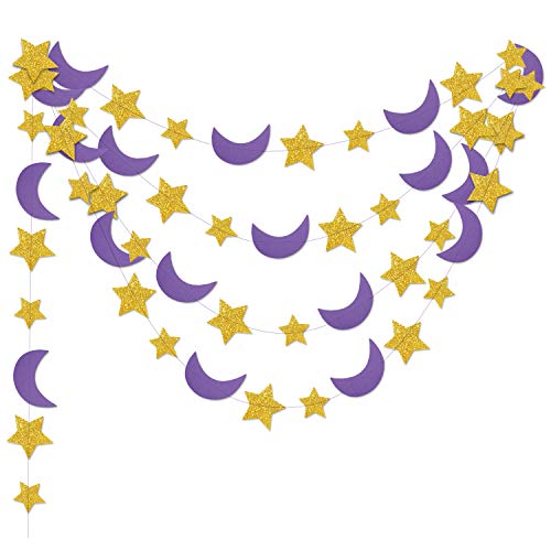 Purple Gold Birthday Party Decorations/Graduation 2023/Purple Gold 2pcs Moon and Star Garlands 1st Birthday Garland Love You to The Moon and Back Purple Gold Moon Star Baby Shower Decorations