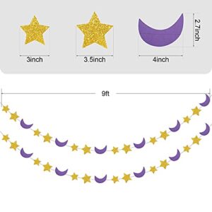 Purple Gold Birthday Party Decorations/Graduation 2023/Purple Gold 2pcs Moon and Star Garlands 1st Birthday Garland Love You to The Moon and Back Purple Gold Moon Star Baby Shower Decorations