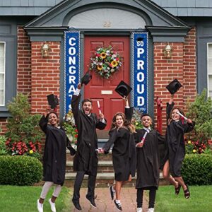 Whaline Graduation Porch Sign Congrats Grad Door Sign So Proud of You Banner Graduation Welcome Hanging Banner Graduation Party Backdrop for Grad Party Outdoor Yard Decorations (Blue)