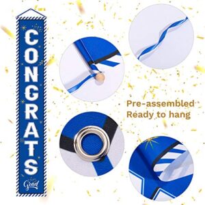 Whaline Graduation Porch Sign Congrats Grad Door Sign So Proud of You Banner Graduation Welcome Hanging Banner Graduation Party Backdrop for Grad Party Outdoor Yard Decorations (Blue)