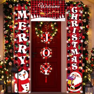 4 pcs christmas holiday door banner with string light red black buffalo plaid outside xmas decorations welcome joy merry christmas banner lights hanging winter porch decorations indoor outdoor party
