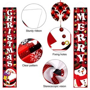 4 Pcs Christmas Holiday Door Banner with String Light Red Black Buffalo Plaid Outside Xmas Decorations Welcome Joy Merry Christmas Banner Lights Hanging Winter Porch Decorations Indoor Outdoor Party